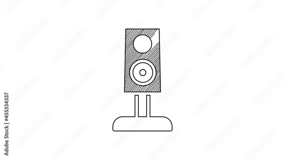 Black line Stereo speaker icon isolated on white background. Sound system speakers. Music icon. Musical column speaker bass equipment. 4K Video motion graphic animation Black line Stereo speaker icon isolated on white background. Sound system speakers. Music icon. Musical column speaker bass equipment. 4K Video motion graphic animation