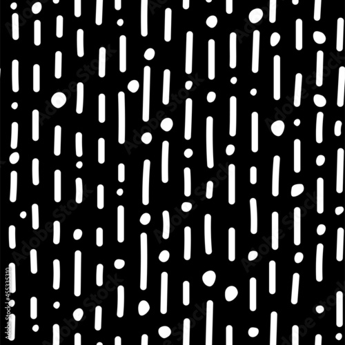 Vector illustration. Children's drawing. Spotted black and white background. Striped seamless pattern. Geometric abstract pattern of hand-drawn shapes. Round and linear organic shapes.