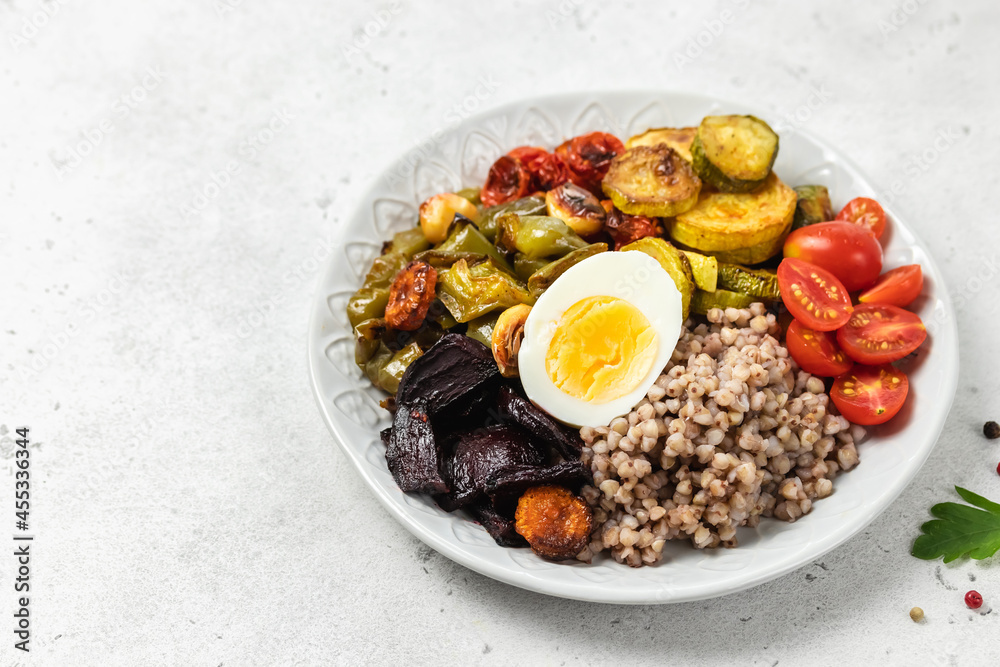 Egg buckwheat veggie bowl. Space for text. Egg buckwheat veggie bowl. Space for text.