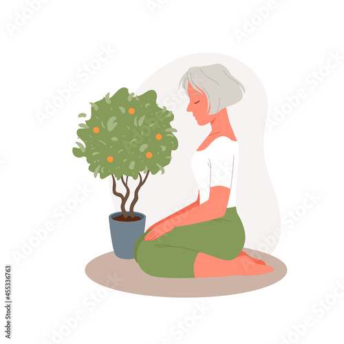 Senior woman in yoga meditation vector illustration. Cartoon old person training, elderly lady character sitting to practice relaxation and meditate, healthy lifestyle activity isolated on white