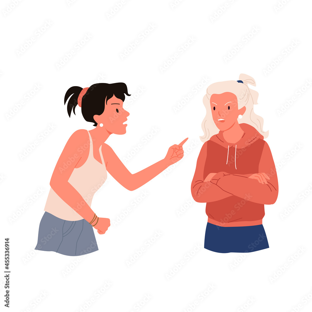 Quarrel of two women, people in stress relationship problem vector illustration. Cartoon angry dispute of woman friends, anger dialog conversation with shouting and quarreling isolated on white
