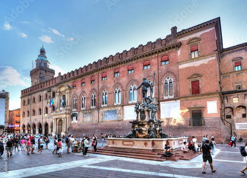 Bologna, Italy, view of the town hall and the fountain of Neptune, piazza maggiore (mail square)