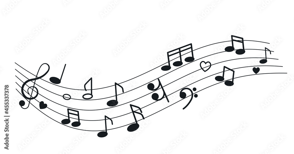 musical notes, treble clef, heart on the background of the stave. the concept of love for music and art. musical notes, treble clef, heart on the background of the stave. the concept of love for music and art.