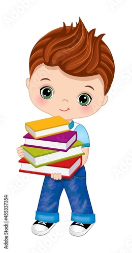 Cute School African American Boy Holding Books. Vector School Black Boy