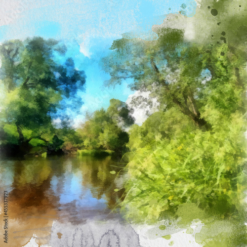 Summer watercolor landscape. Relax on a hot day on the banks of a crystal clear serene river  surrounded by trees. Summer vacation in the country by the river