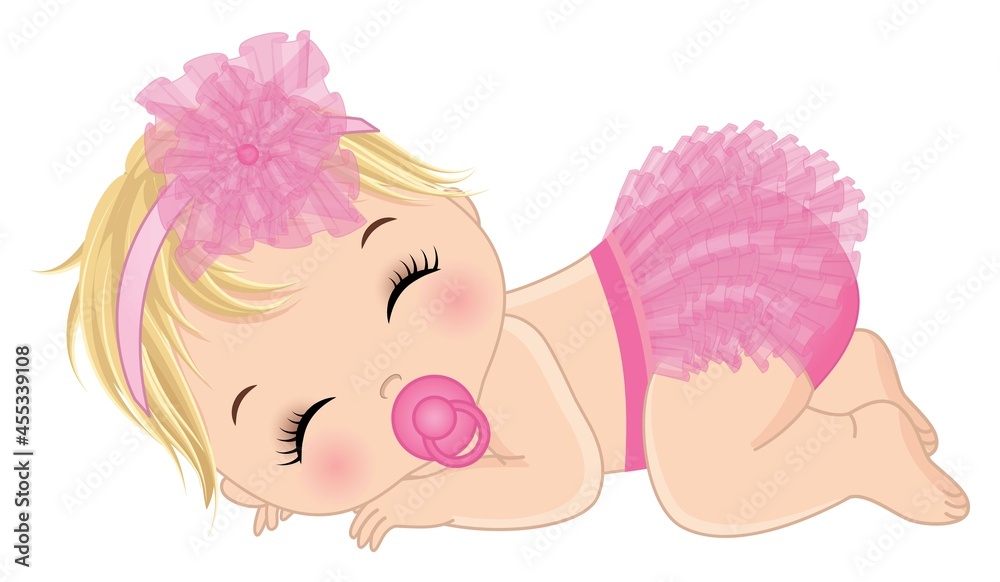 Cute Baby Girl Wearing Pink Ruffled Diaper Sleeping. Vector Baby Girl