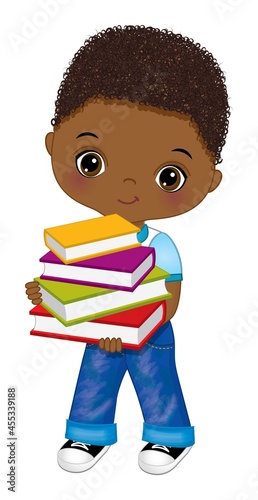 Cute School African American Boy Holding Books. Vector School Black Boy