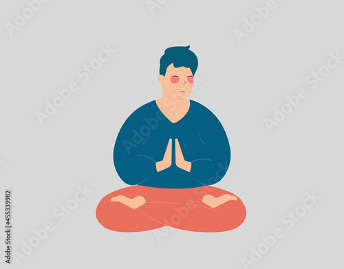 Young man in cross legged position. Trainer doing concentration and practicing yoga in the morning. Male relaxing and breathing at home. Inner peace, fitness exercises, positive vibe concept. Vector.