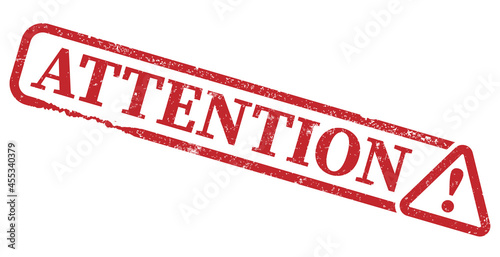 red grungy scratched ATTENTION stamp or sign with warning symbol, vector illustration