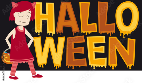 Halloween banner with a cat girl. Retro style banner for a Halloween party with a girl dressed as a cat.