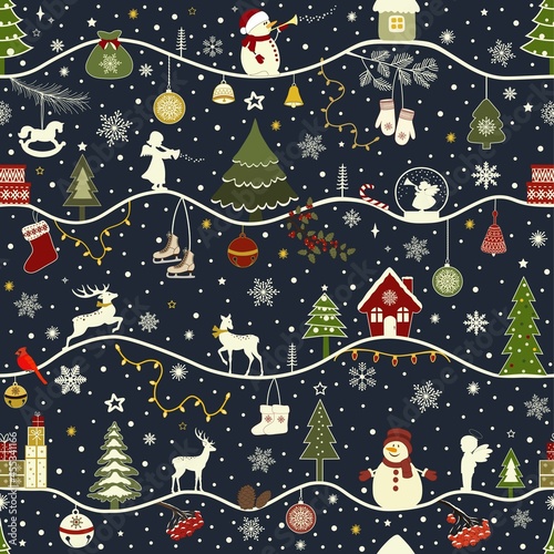 Greeting seamless pattern with Christmas elements