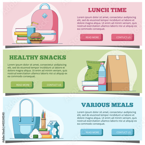 Lunch time Web Horizontal Banners in a flat style Vector Illustration for Website Header. Vector illustration