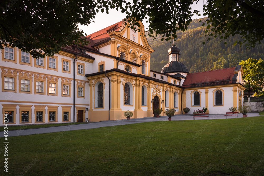 Baroque Cistercian Stams Abbey (Stift Stams) in Stams at sunrise, Imst district, Tyrol, Austria