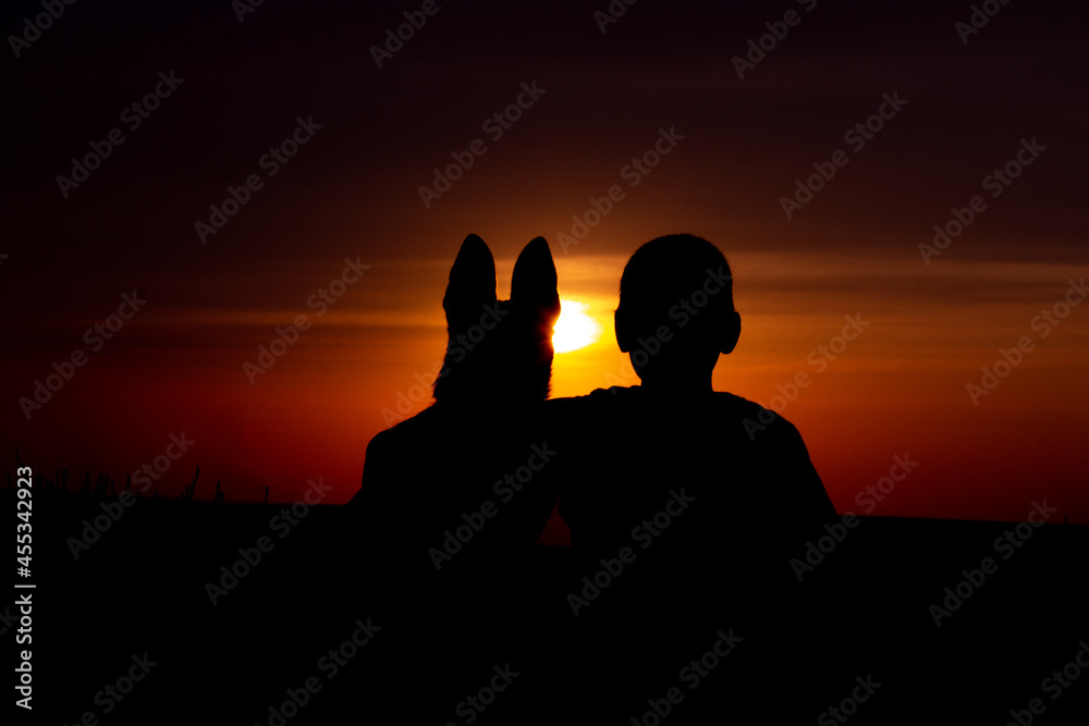 Silhouette of boy and dog hugging at sunset