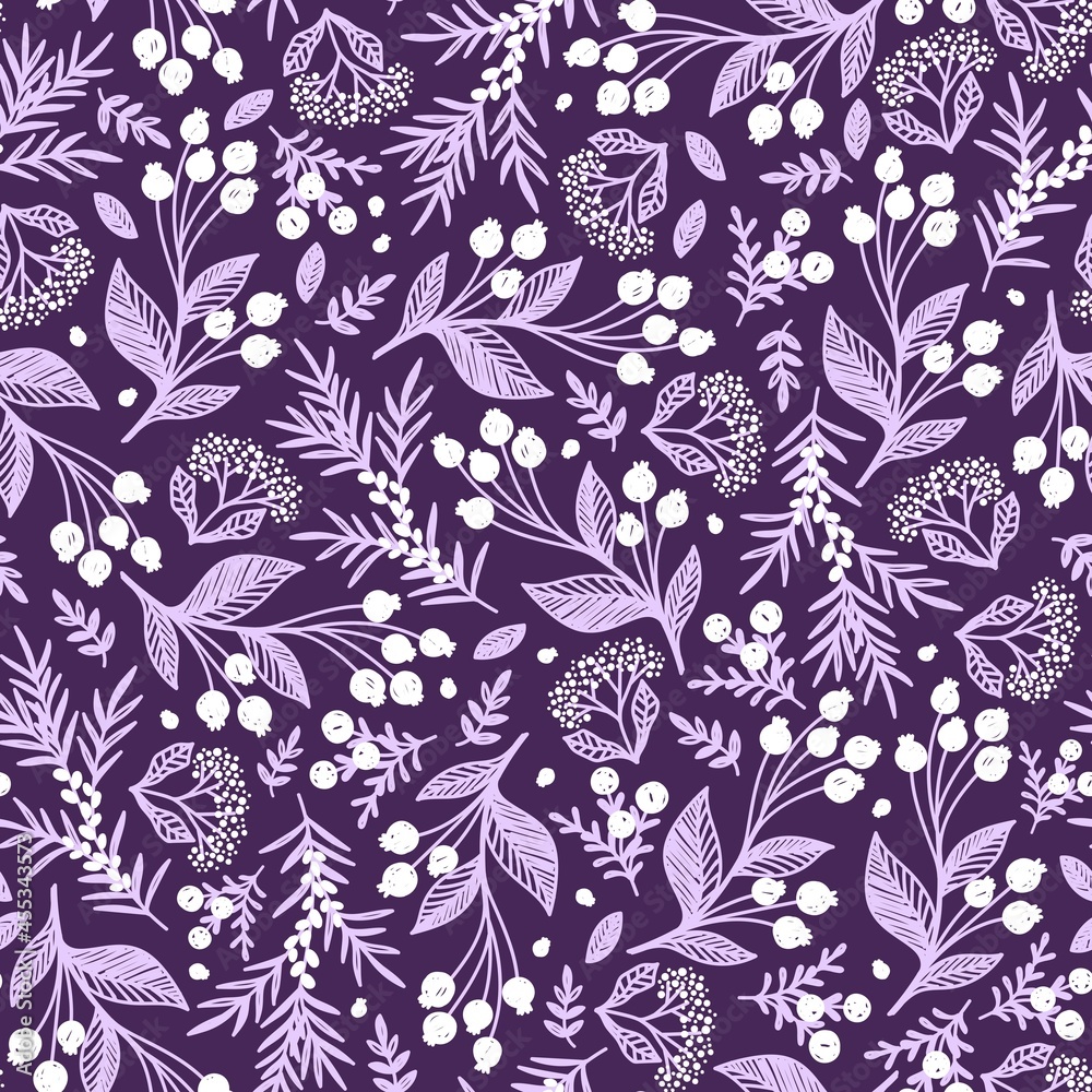 Purple seamless vector background with white berries Purple seamless vector background with white berries