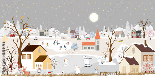 Winter wonderland landscape background at night with polar bear having fun in the city on new year,Christmas day in village with people celebration, kids playing ice skate, teenager skiing on mountain