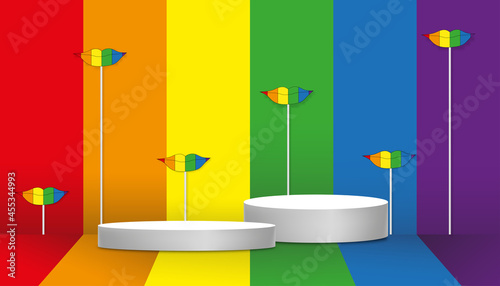 Empty wall studio room with white podium display on Rainbow pride LGBT flag backgroud, Vector illustration Graphic design sign mockup backdrop for Lesbian, gay, bisexual and transgender