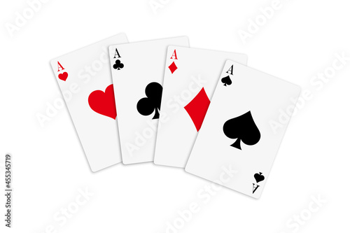 Four aces deck of cards for playing poker and casino on white background. Ace of spades, diamonds, clubs and hearts.