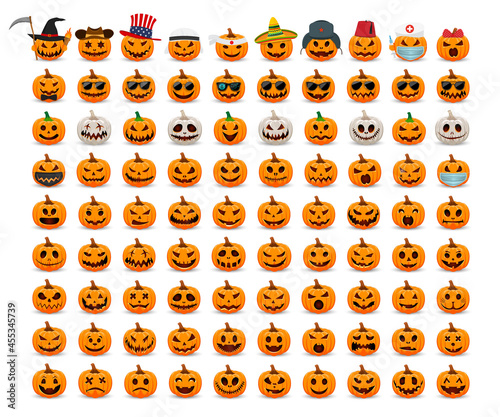 Big Set pumpkins on white background. The main symbol of the Happy Halloween holiday. Orange and white pumpkin with smile for your design for the holiday Halloween.