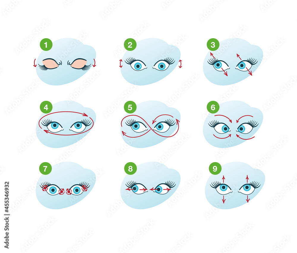 Eye exercise set. Movement for eyes relaxation. Looking in various direction. Eye exercise set. Movement for eyes relaxation. Looking in various direction.