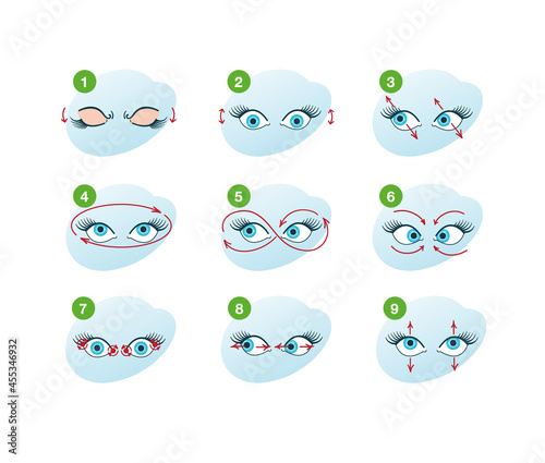Eye exercise set. Movement for eyes relaxation. Looking in various direction.