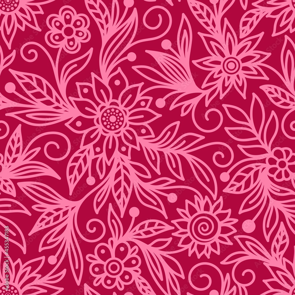 Crimson seamless vector background with pink outline of flowers