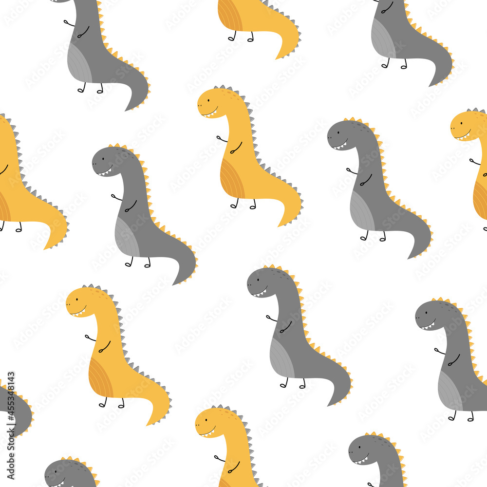 Plakat Yellow and gray dinosaurs. Seamless pattern with cute Dino. Vector illustration