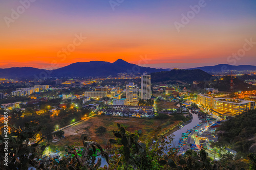 Twilight aerial view of Hua Hin, a famous tourist attraction of the upper southern part of Thailand. This photo was taken from Khao Takiab Mountain.