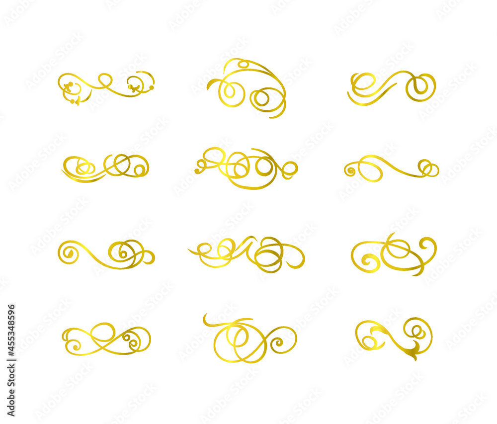 Vector golden filigree swirls set isolated on white background, lines, flourish frames, filigree elements, gold color.