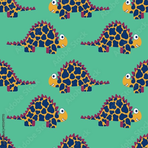Hand-drawn spotted dinosaurs vibrant seamless pattern vector. Funny cartoon dino pattern for children clothes, textile and more