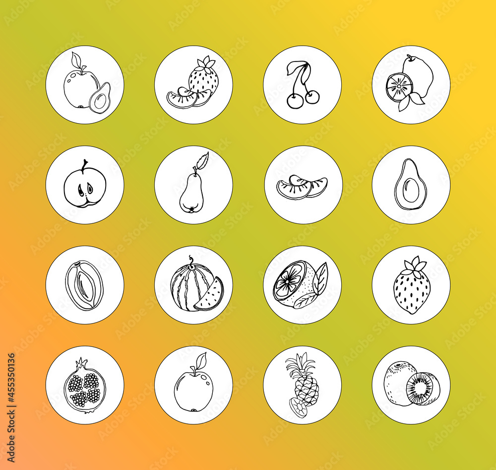 Fruit assortment in round badges. Monochrome hand drawing. Vector set of 16 elements. On a colored gradient background.