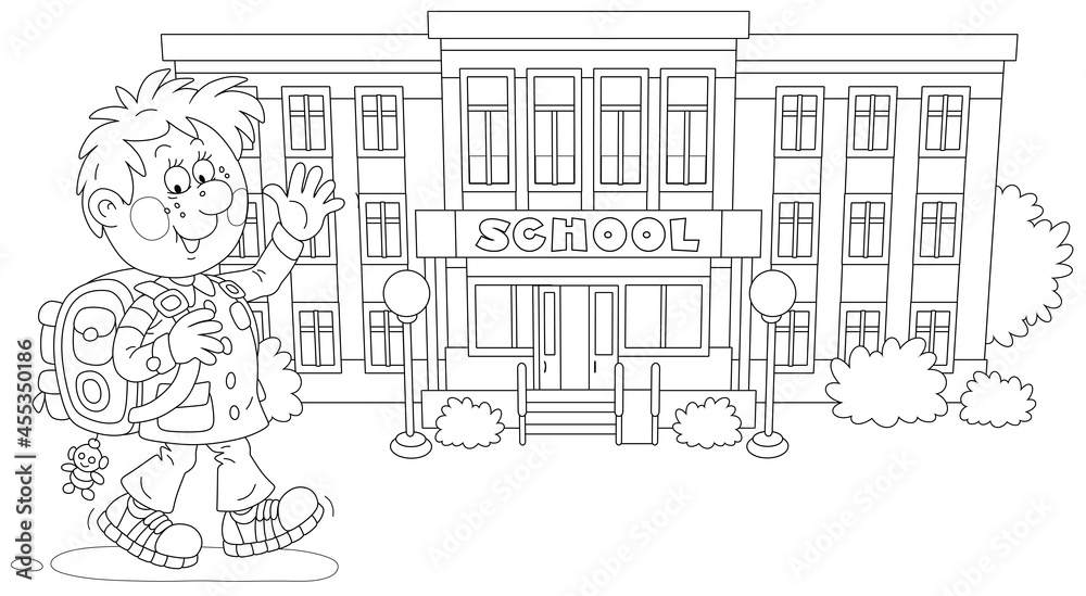Cheerful schoolboy with his backpack going to school, black and white outline vector cartoon illustration for a coloring book page