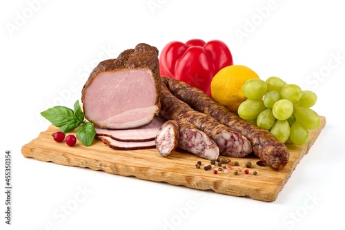 Meat platter, delicious antipasto meat, isolated on white background.