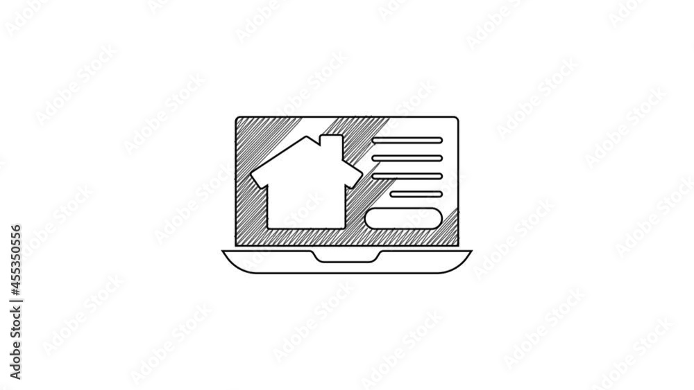 Black line Online real estate house on laptop icon isolated on white background. Home loan concept, rent, buy, buying a property. 4K Video motion graphic animation Black line Online real estate house on laptop icon isolated on white background. Home loan concept, rent, buy, buying a property. 4K Video motion graphic animation