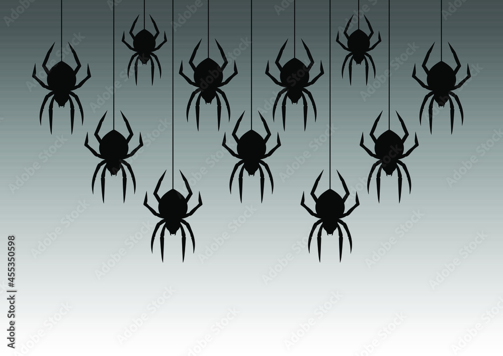 Black spiders hanging on a web. Vector illustration. Follow other ...