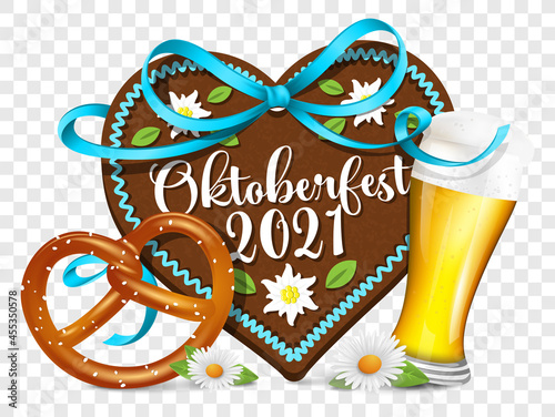 Oktoberfest 2021 symbol icon with gingerbread heart, beer glass and pretzel. Vector illustration on transparent background isolated