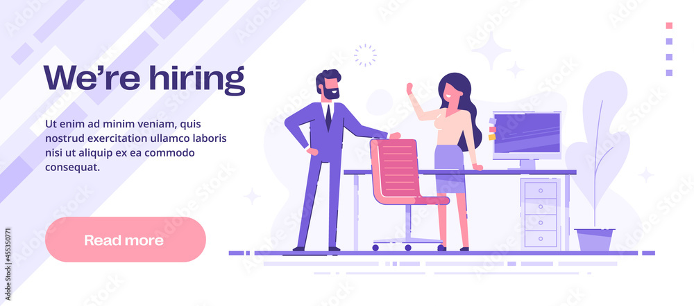 We are hiring web banner. Happy people invite to join to their team. HR, recruitment, headhunting concept. Modern vector illustration. We are hiring web banner. Happy people invite to join to their team. HR, recruitment, headhunting concept. Modern vector illustration.