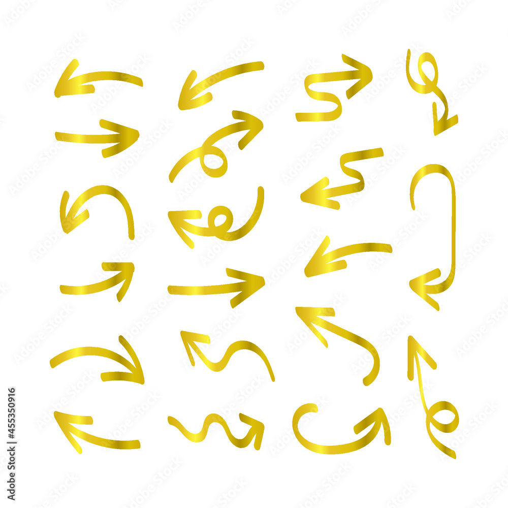 Vector hand drawn arrows set, decorative elements, gold bold arrows isolated on white background, golden colorful arrows.