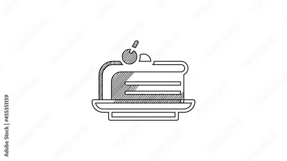 Black line Piece of cake icon isolated on white background. Happy Birthday. 4K Video motion graphic animation Black line Piece of cake icon isolated on white background. Happy Birthday. 4K Video motion graphic animation