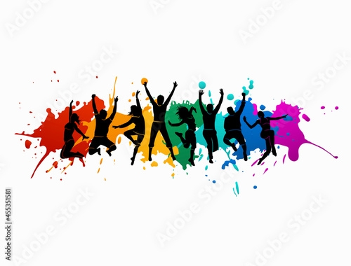 Happy jumping dancing people against the background of blots. Holiday party vector illustration