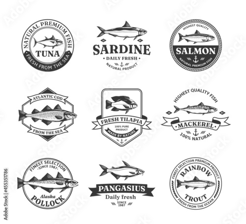 Vector fish logo and fish illustrations for fisheries, seafood markets, packaging and advertising