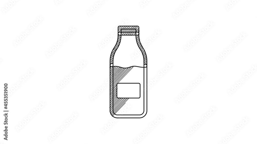 Black line Closed glass bottle with milk icon isolated on white background. 4K Video motion graphic animation Black line Closed glass bottle with milk icon isolated on white background. 4K Video motion graphic animation