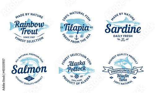 Vector fish vintage logo and fish illustrations for groceries, fisheries, packaging and advertising