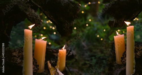 magic burning candles in fabulous Night forest natural Background. mysterious fairy scene. witchcraft ritual. fall season. Samhain sabbath, Halloween holiday concept.  photo