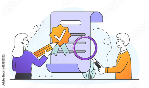 Quality control concept. Man and woman evaluate compliance of product with established standards. Employees check the goods. Cartoon doodle flat vector illustration isolated on white background