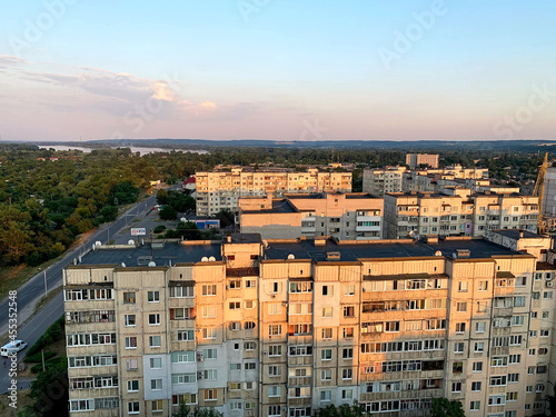 Top view on the Kremenchuk city during sunset, Poltava region, Ukraine. Residential houses on Rakovka, Kremenchuk neighborhood, located in the southeast of the right bank of the city.