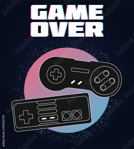 Game over concept. Stylish design for shirts or printing on paper. Poster with inscription and game joysticks. Abstract image with texture. Cartoon flat vector illustration isolated on dark background