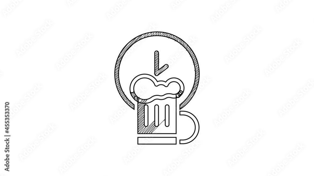 Black line Happy hour with wooden beer mug icon isolated on white background. 4K Video motion graphic animation Black line Happy hour with wooden beer mug icon isolated on white background. 4K Video motion graphic animation