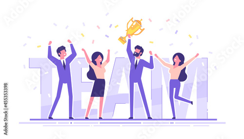 Handsome businessman holding golden cup and celebrating achievement of goals with his colleagues. Best team.  Teamwork, team success and leadership concept. Dream team. Flat vector illustration.