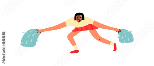 A cheerleader with pompoms. Dancing to support the team. A high school girl in a sports uniform. The cheerleader is on her knees with her hands raised to the sides. Vector illustration.